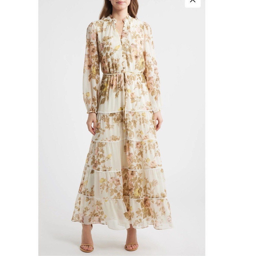 1.STATE Women's S Maxi Dress Floral Tiered Lace Trim Long Sleeve Cottage Prairie